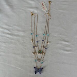 Betsey Johnson Gold Multi Layer Necklace with Purple Butterfly NWT